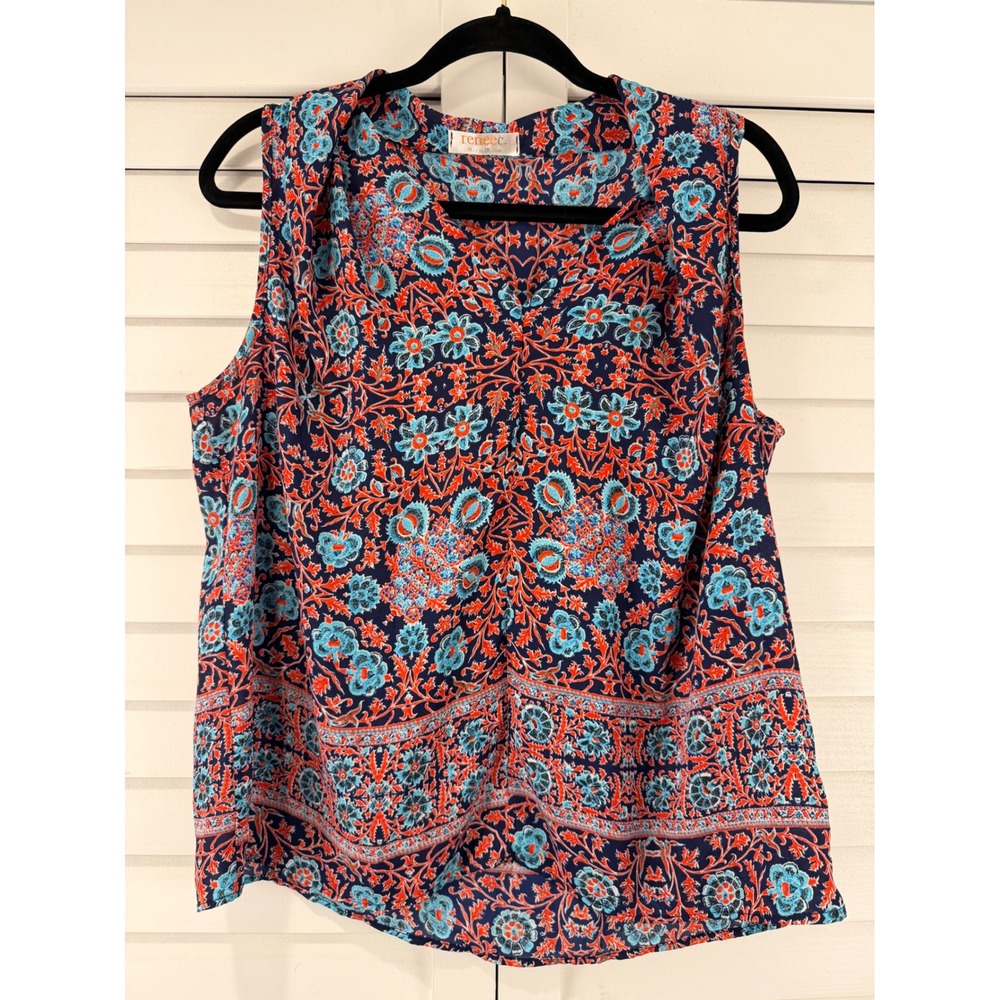 Renee C Womens XL Navy Orange Floral Paisley Sleeveless V-Neck Blouse Everyday